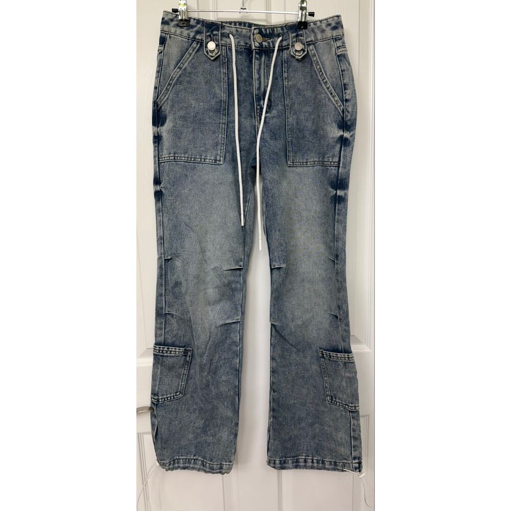 1030 cargo drawstring denim jeans waist 1/25 flat lay NWOT Retail $69 - Picture 4 of 10